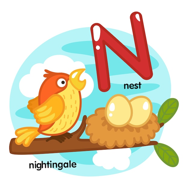 Alfabeto letra aislada N-nido-ruiseñor ilustración, vector