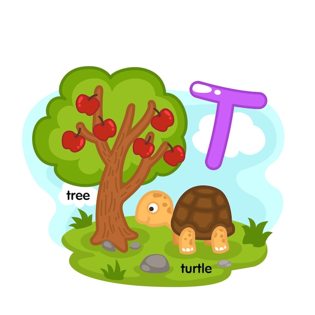 Alfabeto letra aislada T-árbol-tortuga ilustración, vector