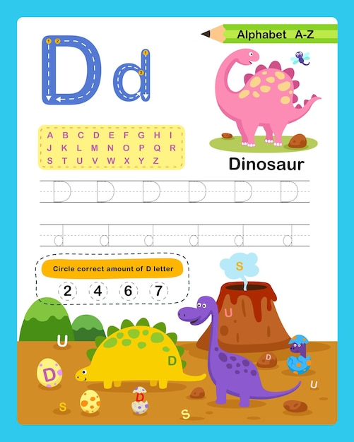 Alfabeto Letra D Ejercicio de dinosaurio con vector de ilustración de vocabulario de dibujos animados