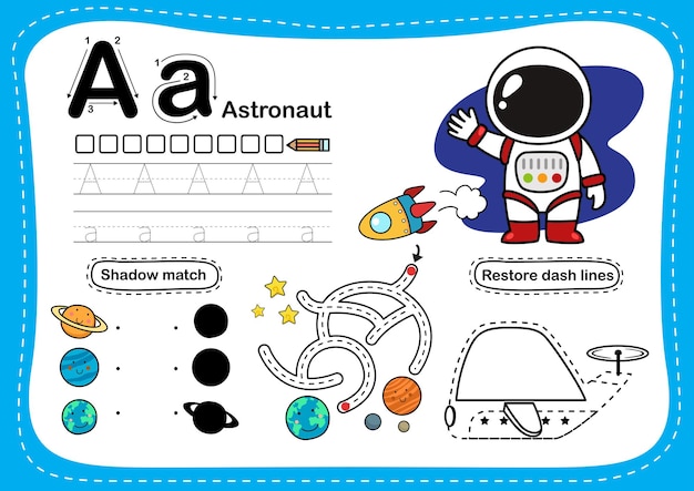 Alfabeto Letra A Ejercicio de astronauta con vector de ilustración de vocabulario de dibujos animados