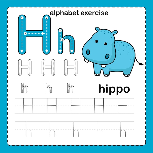 Alfabeto letra h ejercicio de hipopótamo con vector de ilustración de vocabulario de dibujos animados