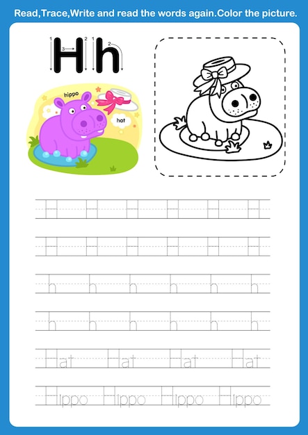 Alfabeto letra H con vocabulario de dibujos animados para colorear vector de ilustración de libro