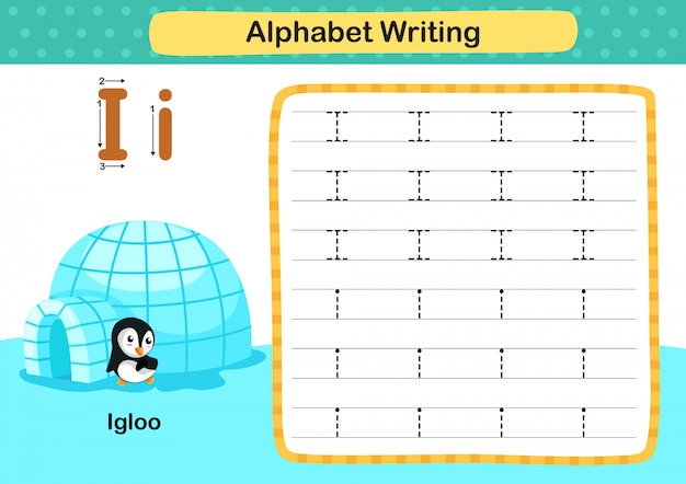 Alfabeto letra I-Igloo ejercicio con ilustración de vocabulario de dibujos animados