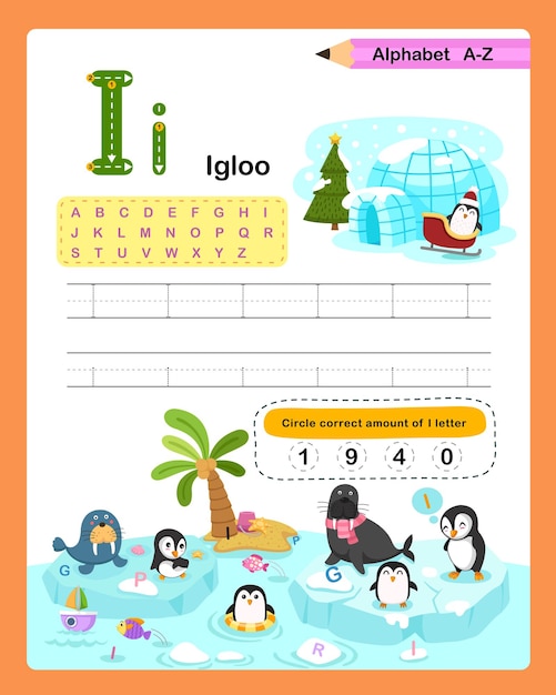 Alfabeto letra I Igloo ejercicio con vector de ilustración de vocabulario de dibujos animados