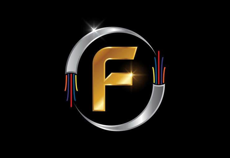 Vector alfabeto letra inicial del monograma f con cable eléctrico, cable de fibra óptica. emblema de fuente.