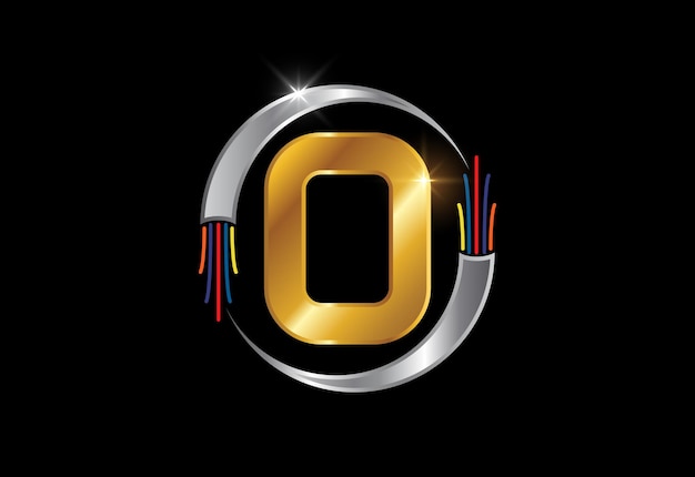 Alfabeto de letra inicial del monograma O con cable eléctrico, cable de fibra óptica. Emblema de fuente.