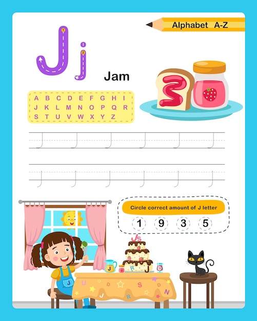 Alfabeto Letra J Jam ejercicio con vector de ilustración de vocabulario de dibujos animados