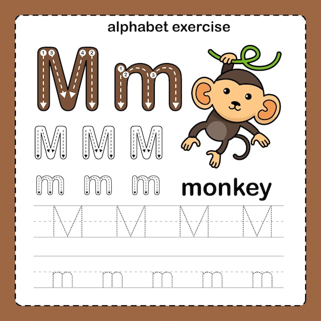 Alfabeto Letra M Mono ejercicio con vector de ilustración de vocabulario de dibujos animados