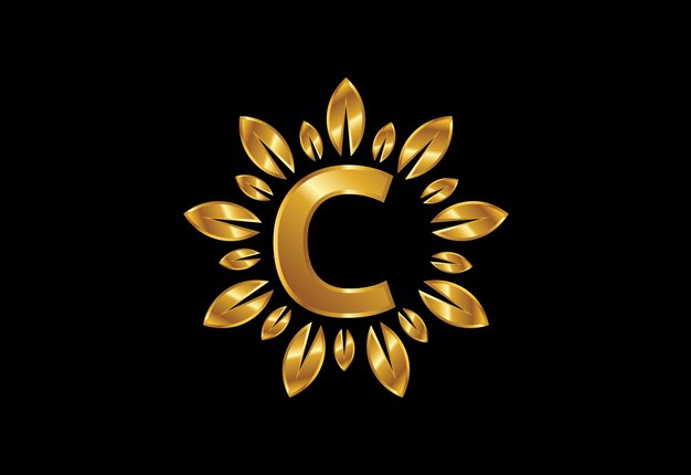 Alfabeto de letra del monograma inicial C con corona de hojas doradas.Concepto de diseño de logotipo de flor
