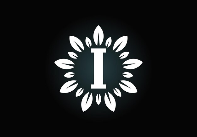 Alfabeto de letra del monograma inicial I con corona de hojas