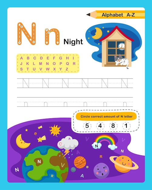 Alfabeto Letra N Ejercicio nocturno con vector de ilustración de vocabulario de dibujos animados