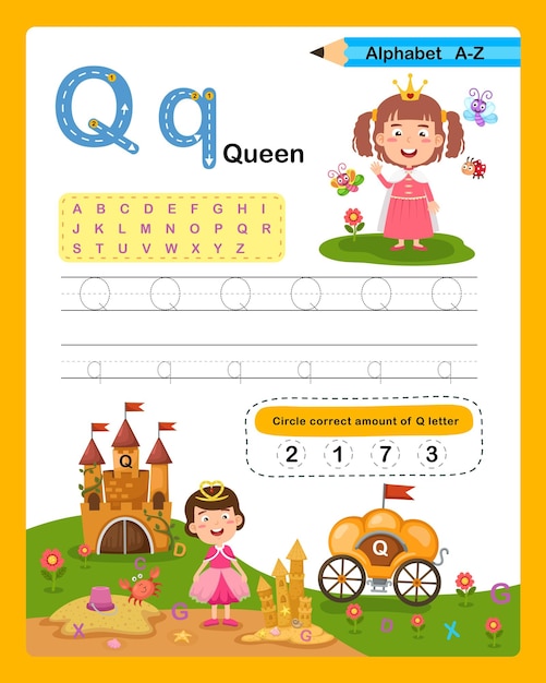 Alfabeto Letra Q Reina ejercicio con vector de ilustración de vocabulario de dibujos animados