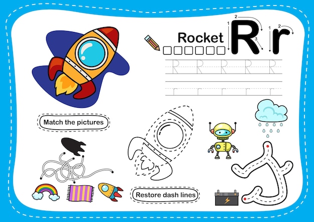 Alfabeto letra r rocket ejercicio con vector de ilustración de vocabulario de dibujos animados