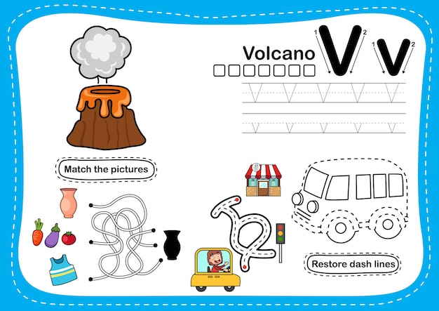 Alfabeto letra v volcán ejercicio con vector de ilustración de vocabulario de dibujos animados