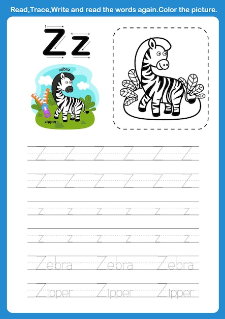 Alfabeto letra Z con vocabulario de dibujos animados para colorear vector de ilustración de libro