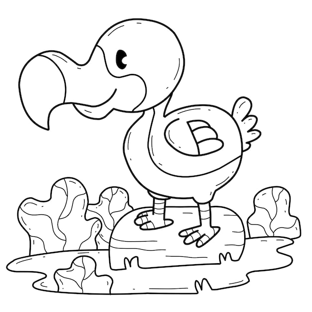 Alfabeto de libro para colorear de animales Aislado sobre fondo blanco Pájaro dodo de dibujos animados vectoriales