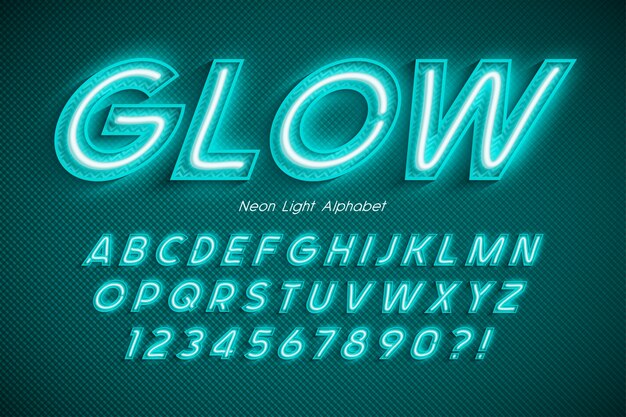 Alfabeto de luz de neón, fuente extra brillante.