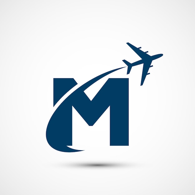 Alfabeto M con avión Icono de viaje Signo de logotipo de aviación Símbolo de vuelo Icono de vuelo