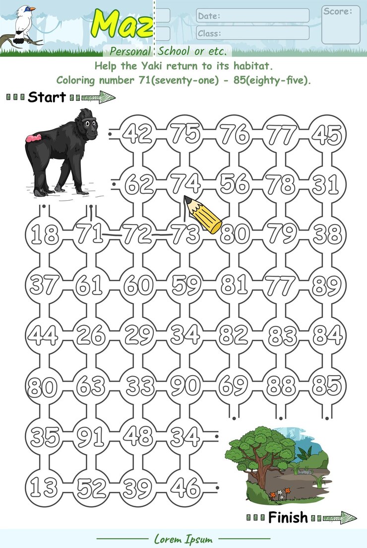 Vector alfabeto maze juego de aprendizaje número 71 a 85 con dibujos animados yaki