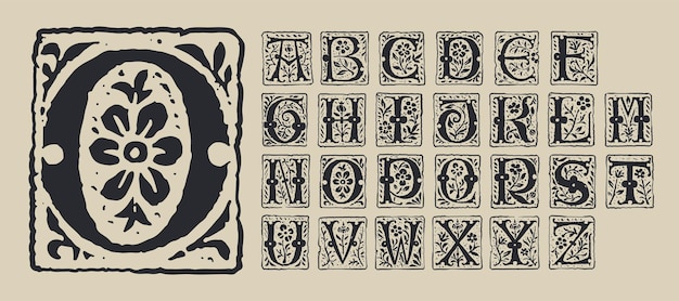 Vector alfabeto medieval iniciales góticas grunge letras mayúsculas grabadas del siglo xvi fuente de estilo blackletter