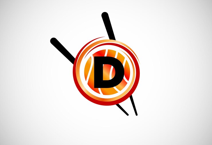 Vector alfabeto del monograma d inicial en el círculo con el logotipo del emblema de la barra de sushi asiática de palillos para sushi