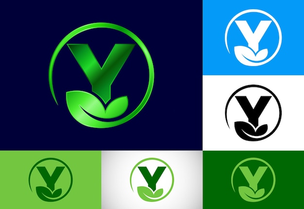 Alfabeto de monograma inicial Y con hoja Concepto de logotipo ecológico Emblema de fuente Logotipo vectorial moderno para negocios ecológicos e identidad de empresa