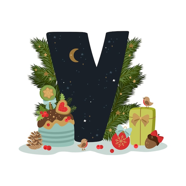 Vector alfabeto de navidad. la letra v con elementos festivos.