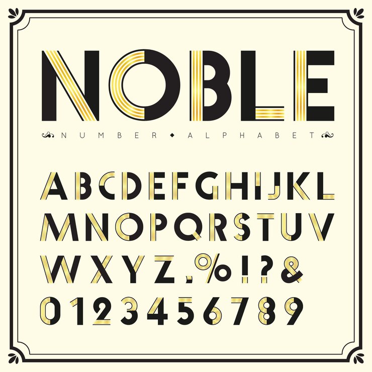 Alfabeto y número de fuente noble clásica en color negro y dorado