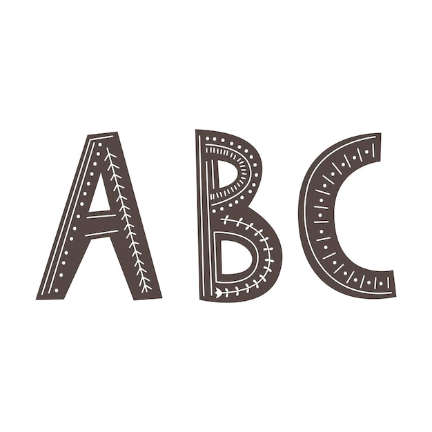 Alfabeto y números en estilo escandinavo. Ilustración de vector de dibujo a mano. A B C