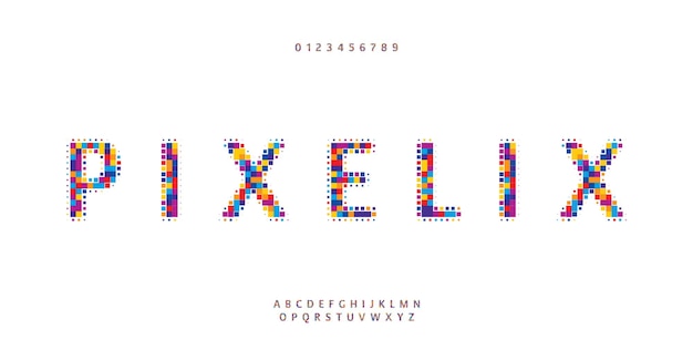 Alfabeto de píxeles cuadrados coloridos de dibujos animados letras y números de mosaico de píxels juguetones fuente de juego vibrante