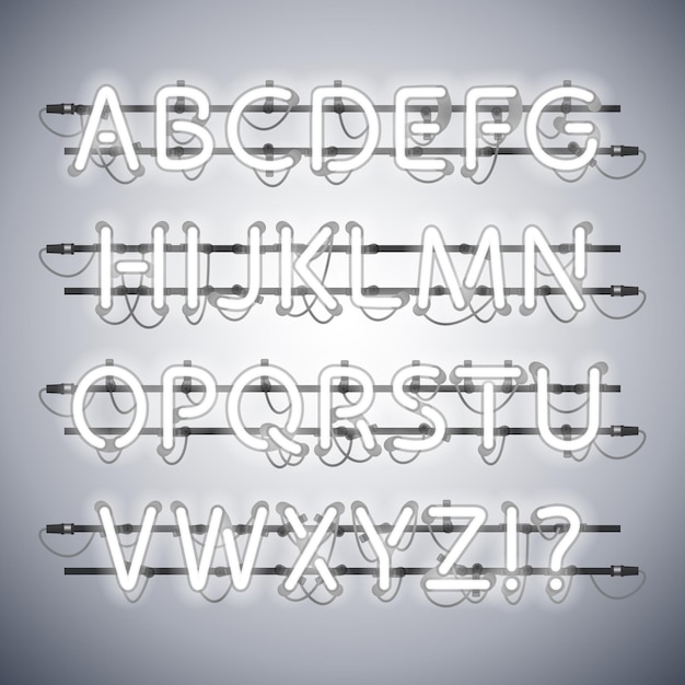 Vector alfabeto plateado de neón brillante