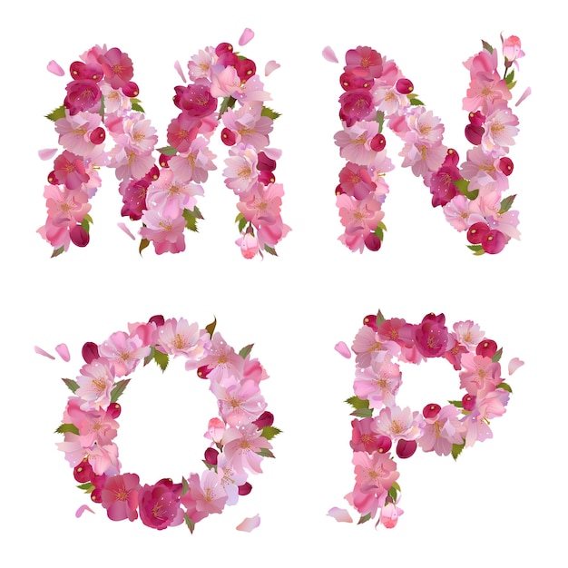 Alfabeto de primavera vectorial con letras de flores de sakura rosa suave MNOP