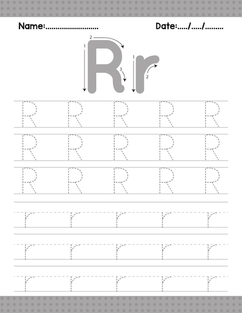 Vector alfabeto que rastrea la letra r hoja de trabajo de la letra inicial para la actividad de niños en edad preescolar de regreso a la escuela