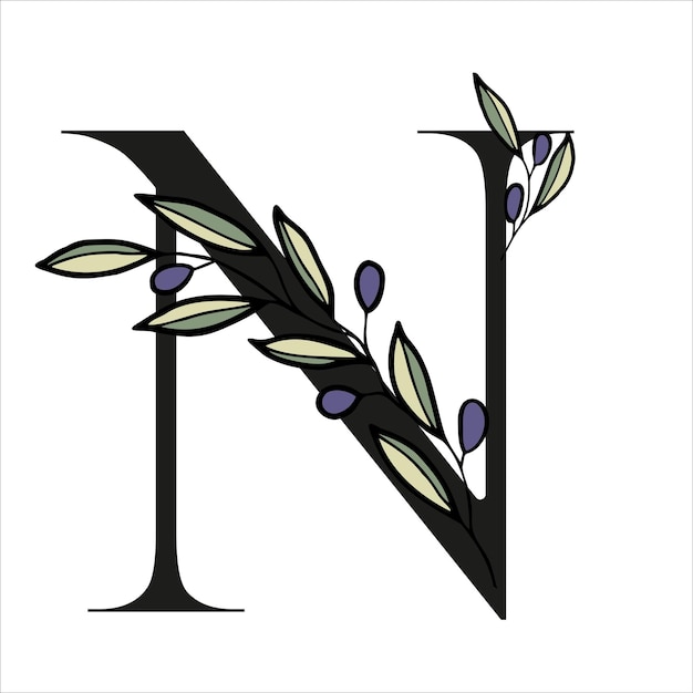 Alfabeto de la rama de olivo para la decoración de la tarjeta o invitación de boda Ilustración dibujada a mano vectorial para el diseño