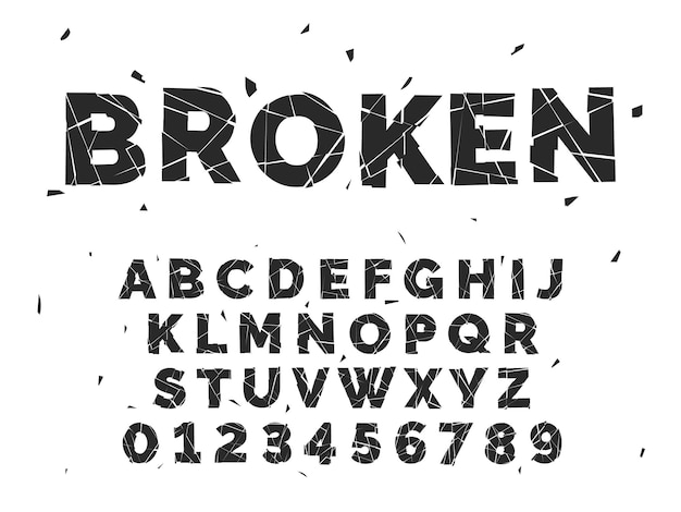 Alfabeto roto crash font capital letras latinas y números crack estilo inglés abc fragmentos rotos diseño de texto tipo picado piezas de vidrio o hielo silueta negra vector conjunto aislado