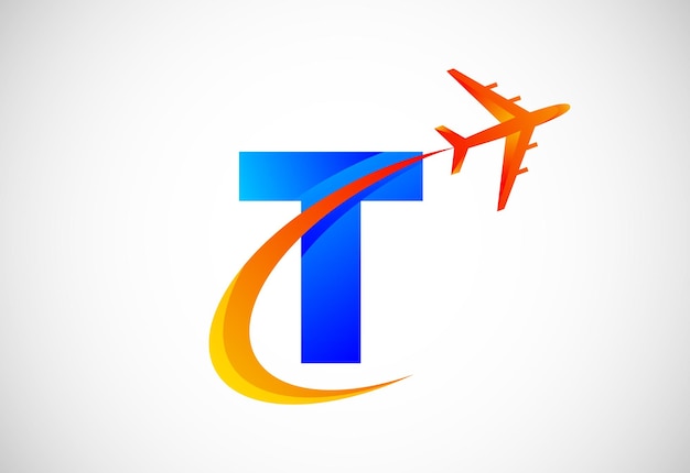 Alfabeto T inicial con un diseño de logotipo de swoosh y avión Adecuado para empresas de viajes o negocios