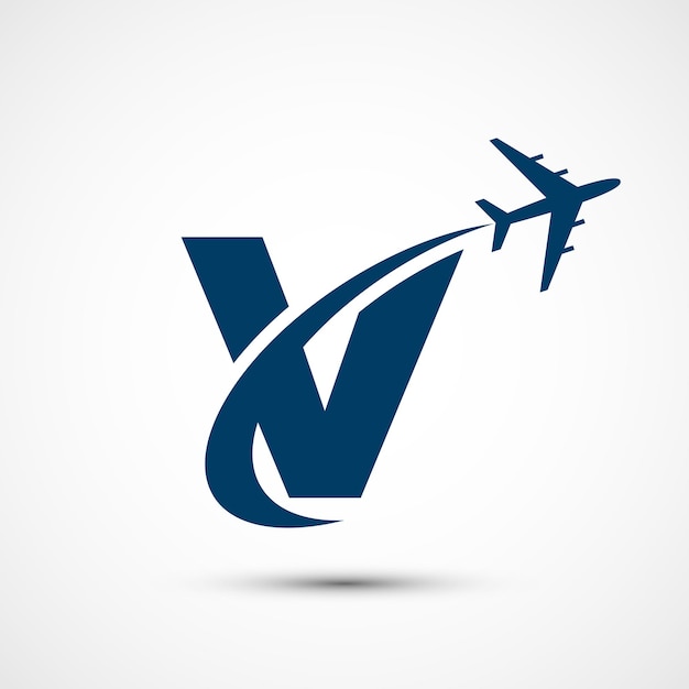 Alfabeto V con icono de viaje de avión signo de logotipo de aviación símbolo de vuelo icono de vuelo