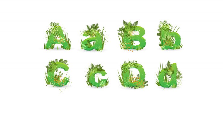 Alfabeto de vector de hojas verdes. Elegante ABC con coloridas hojas tropicales, arbustos, flores y elementos de la naturaleza.