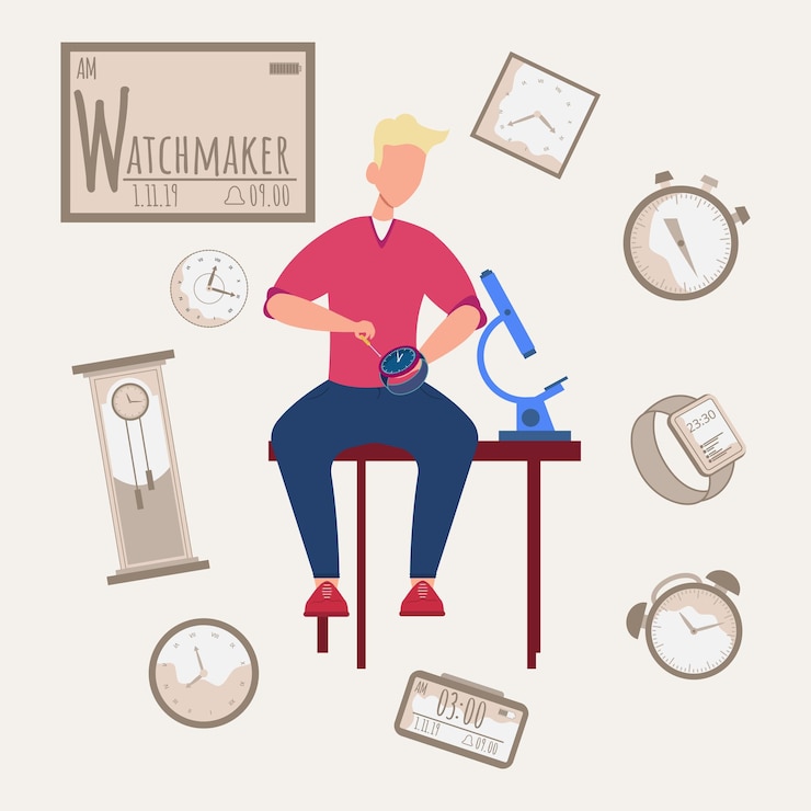 Vector alfabeto vectorial colorido libro de profesiones profesión relojero letra w