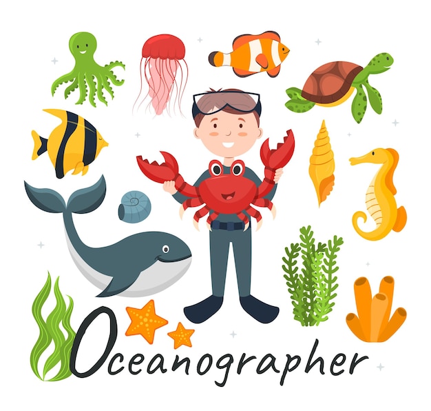 Alfabeto vectorial lindo profesión letra o oceanógrafo ilustración vectorial