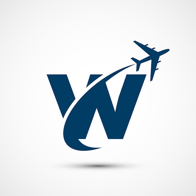 Alfabeto W con avión icono de viaje signo de logotipo de aviación símbolo de vuelo icono de vuelo