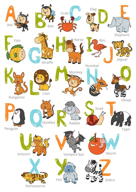 Alfabeto de zoológico de color vectorial con animales lindos sobre fondo blanco