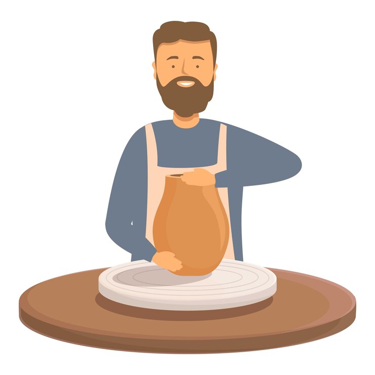 Vector un alfarero sonriente haciendo un jarrón de cerámica en una rueda