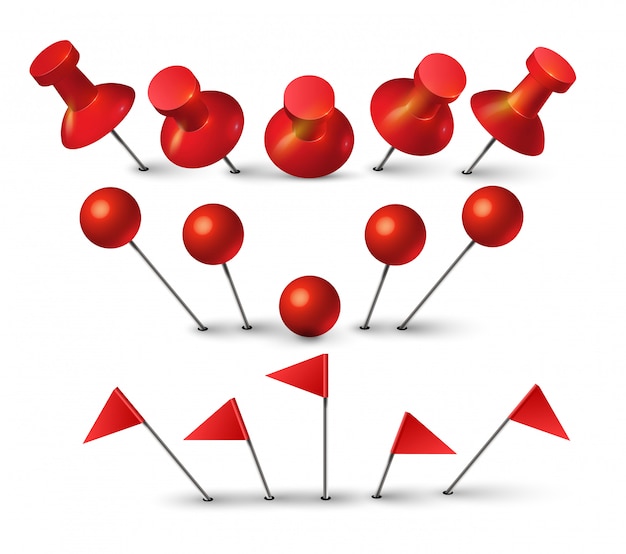 Alfiler rojo. chincheta roja para tablero de corcho empujando nota de papel. forma de punto y símbolo de pin de bandera aislado.