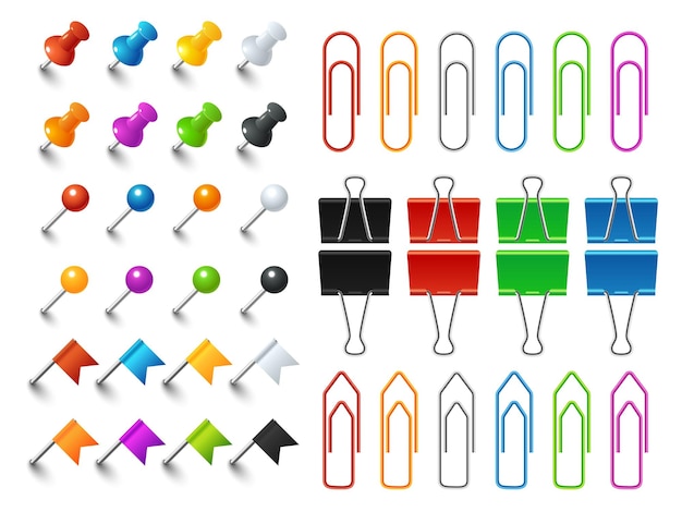 Alfileres de metal y clips para papel Clips para papel de oficina realistas Trivia de papelería en color Chinchetas y sujetadores Botones para fijar recordatorios en el tablón de anuncios Conjunto de elementos de fijación de vectores