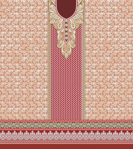 una alfombra roja y beige con un borde dorado