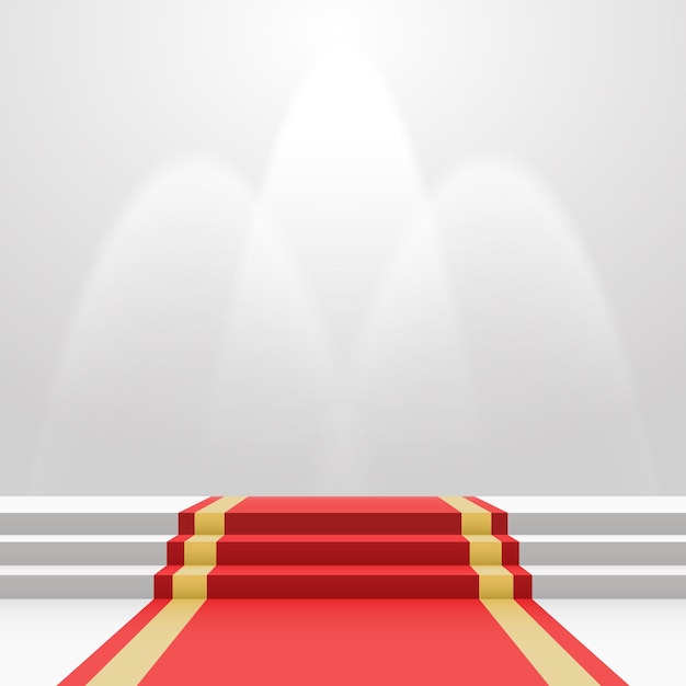 Alfombra roja en escaleras. Podio iluminado blanco vacío. Ilustración de plantilla en blanco con espacio para un objeto, persona, logotipo, texto. Presentación, gala, ceremonia, concepto de premios.