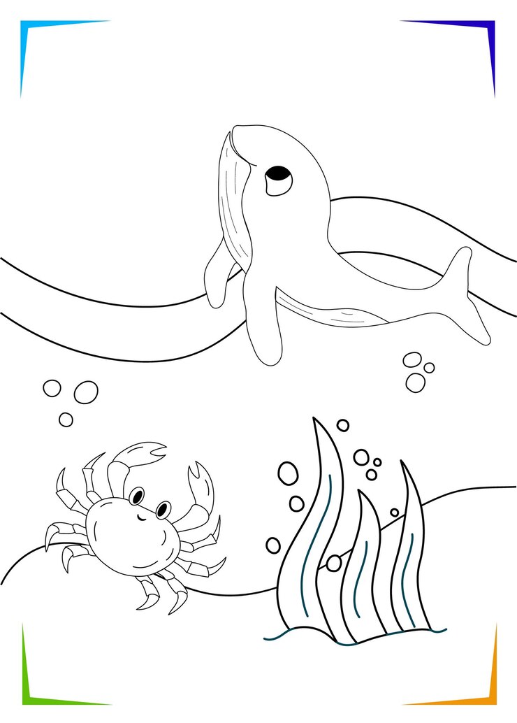 Vector algas ballena cangrejo blanco y negro página para colorear para niños habitantes marinos submarinos ilustración vectorial imprimible para niños hoja de trabajo para niños libro para colorear contornos negros vida marina