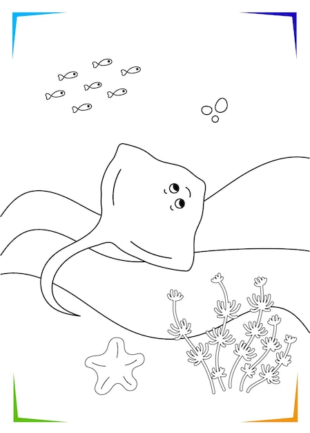 Algas marinas de estrellas de mar Stingray eléctricas en blanco y negro Página para colorear Habitantes submarinos marinos ilustración vectorial Imprimible para niños Hoja de trabajo para niños Libro para colorear Contornos negros vida marina