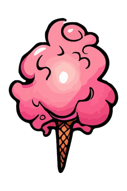 Un algodón de azúcar rosa en un cono de galleta Derretir bolas de helado en el icono de contorno plano del cono de galleta